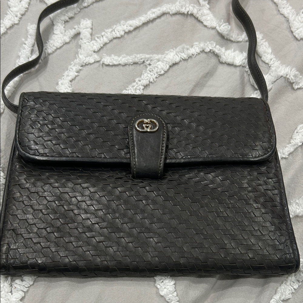 Vintage Gucci Gray Woven Leather Shoulder Crossbody Clutch Bag Removable Strap